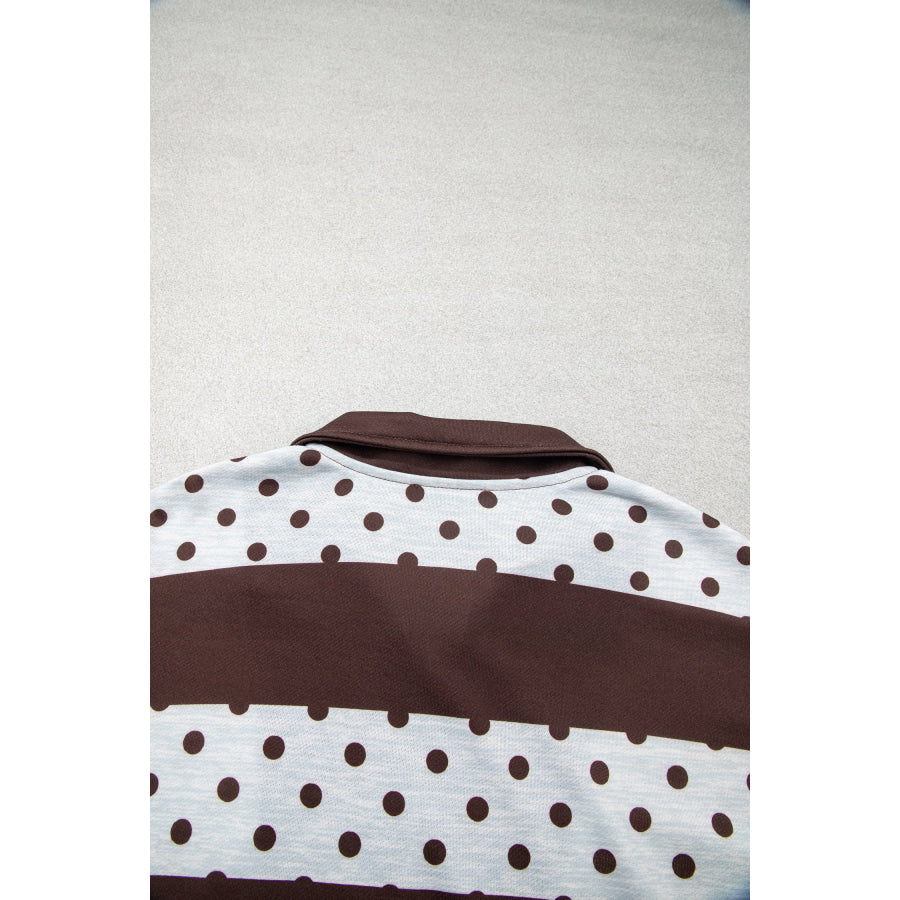 Pink Stripe Patchwork Polka Dot Accent Quarter Zip Long Sleeve Top Tops/Long Tops