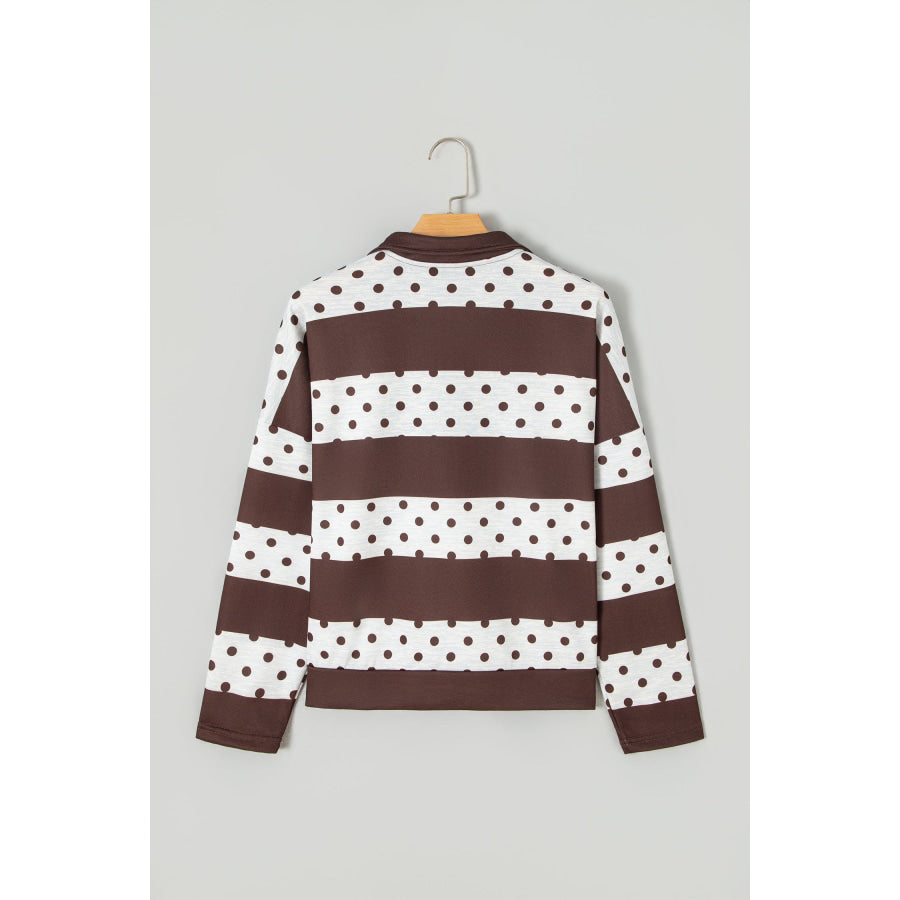 Pink Stripe Patchwork Polka Dot Accent Quarter Zip Long Sleeve Top Tops/Long Tops