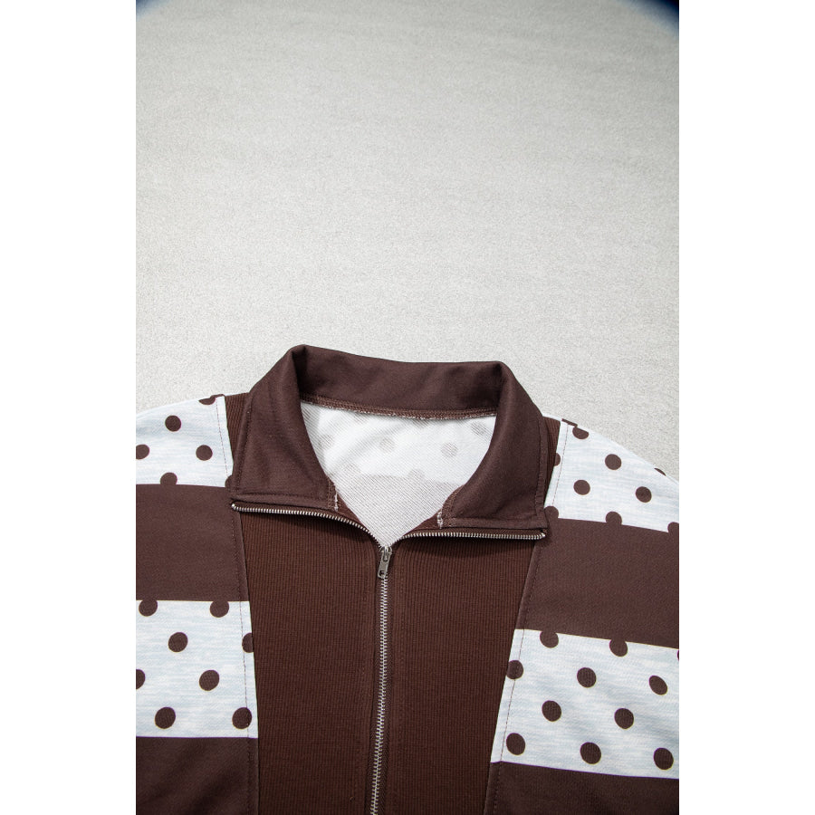Pink Stripe Patchwork Polka Dot Accent Quarter Zip Long Sleeve Top Tops/Long Tops