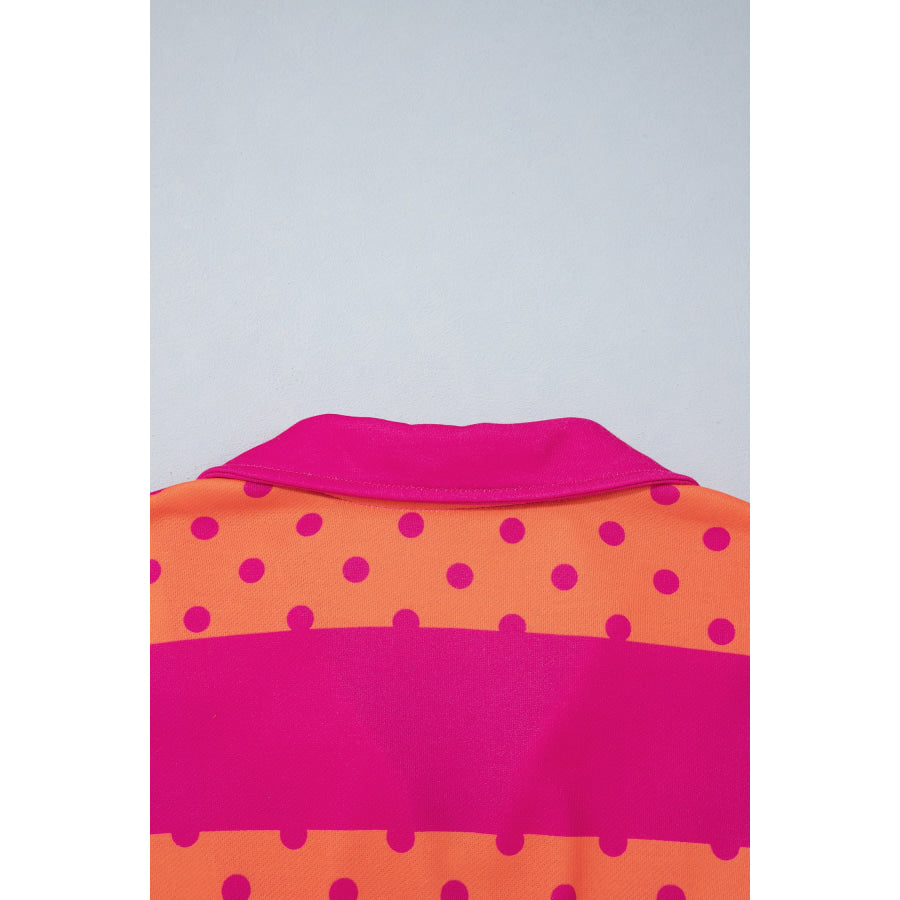 Pink Stripe Patchwork Polka Dot Accent Quarter Zip Long Sleeve Top Tops/Long Tops