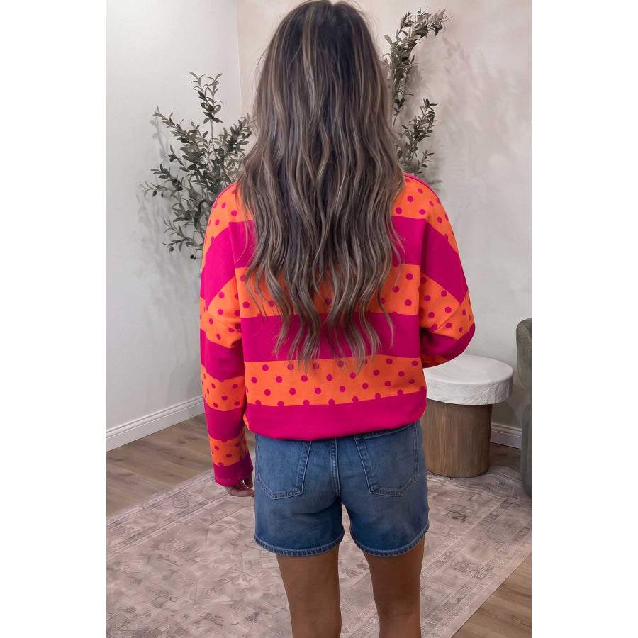 Pink Stripe Patchwork Polka Dot Accent Quarter Zip Long Sleeve Top Tops/Long Tops
