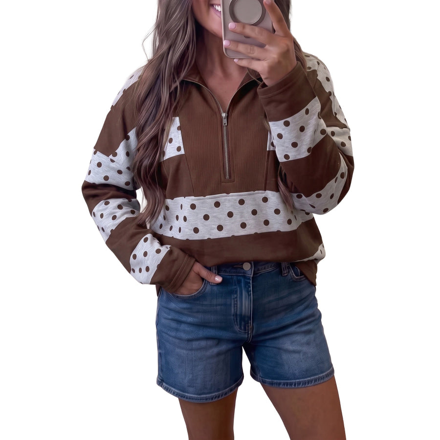 Pink Stripe Patchwork Polka Dot Accent Quarter Zip Long Sleeve Top Tops/Long Tops