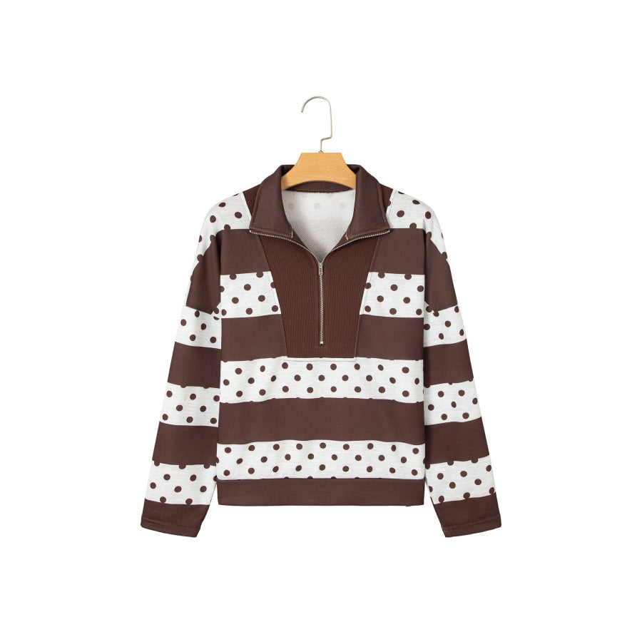 Pink Stripe Patchwork Polka Dot Accent Quarter Zip Long Sleeve Top Tops/Long Tops