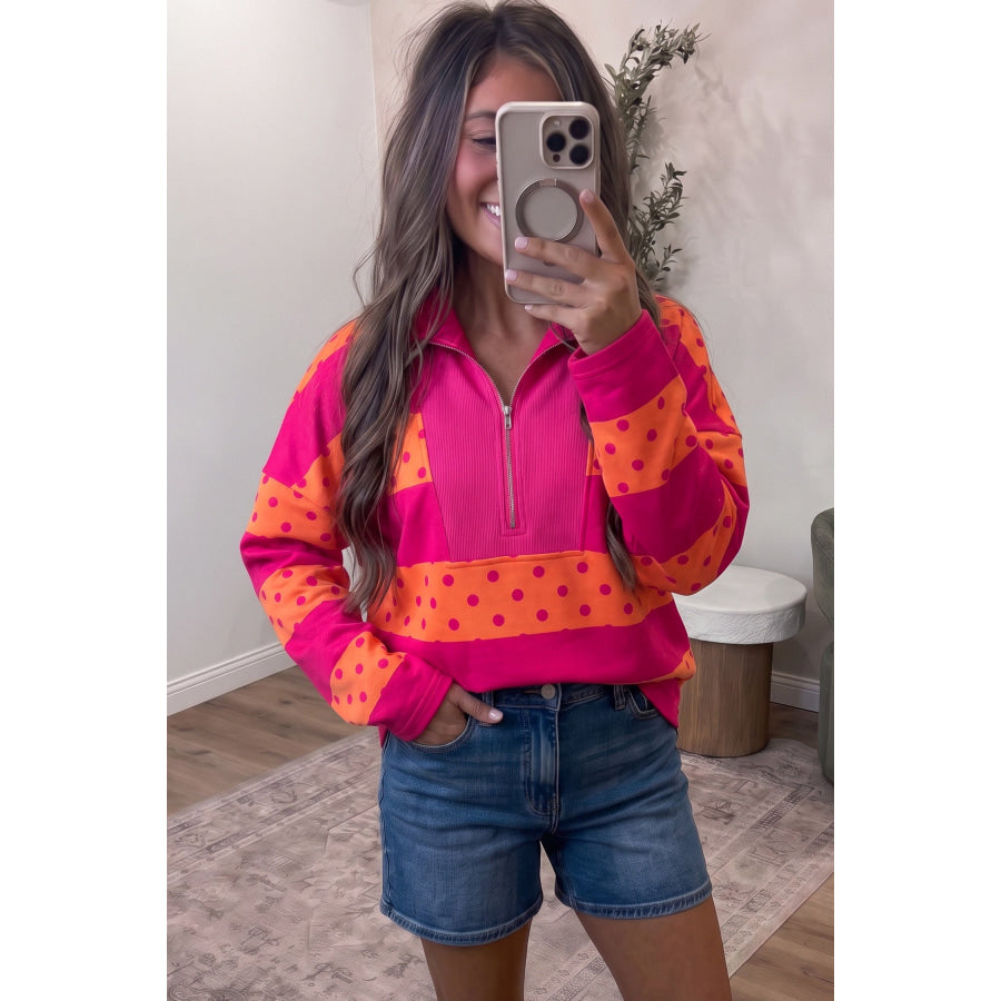 Pink Stripe Patchwork Polka Dot Accent Quarter Zip Long Sleeve Top Tops/Long Sleeve Tops