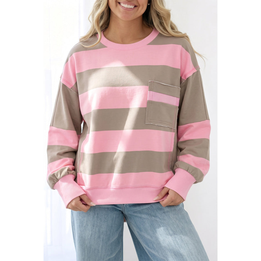 Pink Stripe Raw Seam Patchwork Drop Shoulder Plus Size Sweatshirt Size/Plus Sweatshirts & Hoodies