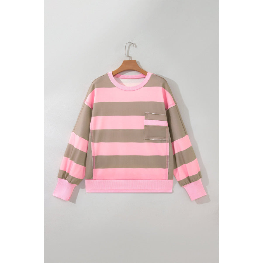 Pink Stripe Raw Seam Patchwork Drop Shoulder Plus Size Sweatshirt Size/Plus Sweatshirts & Hoodies
