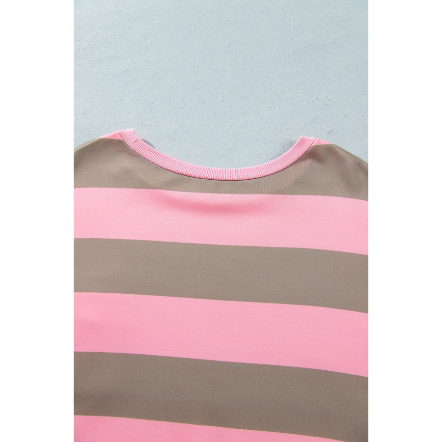 Pink Stripe Raw Seam Patchwork Drop Shoulder Plus Size Sweatshirt Size/Plus Sweatshirts & Hoodies