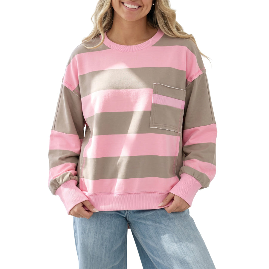 Pink Stripe Raw Seam Patchwork Drop Shoulder Plus Size Sweatshirt Size/Plus Sweatshirts & Hoodies