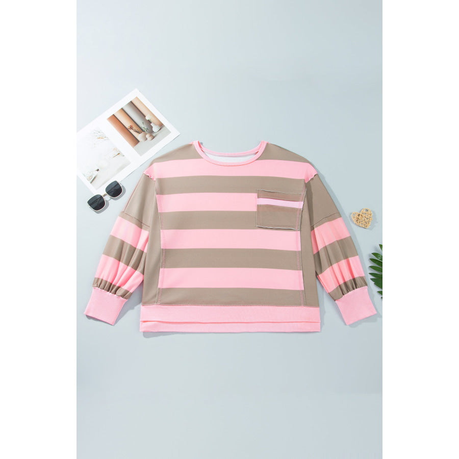 Pink Stripe Raw Seam Patchwork Drop Shoulder Plus Size Sweatshirt Size/Plus Sweatshirts & Hoodies