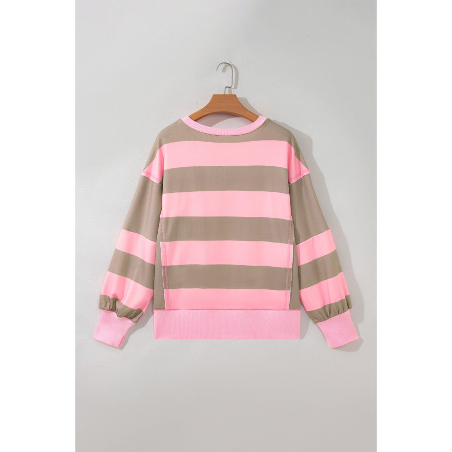 Pink Stripe Raw Seam Patchwork Drop Shoulder Plus Size Sweatshirt Size/Plus Sweatshirts & Hoodies