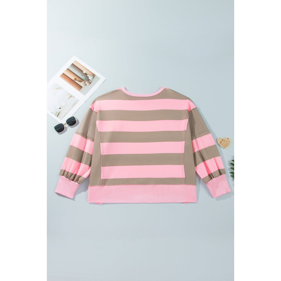 Pink Stripe Raw Seam Patchwork Drop Shoulder Plus Size Sweatshirt Size/Plus Sweatshirts & Hoodies