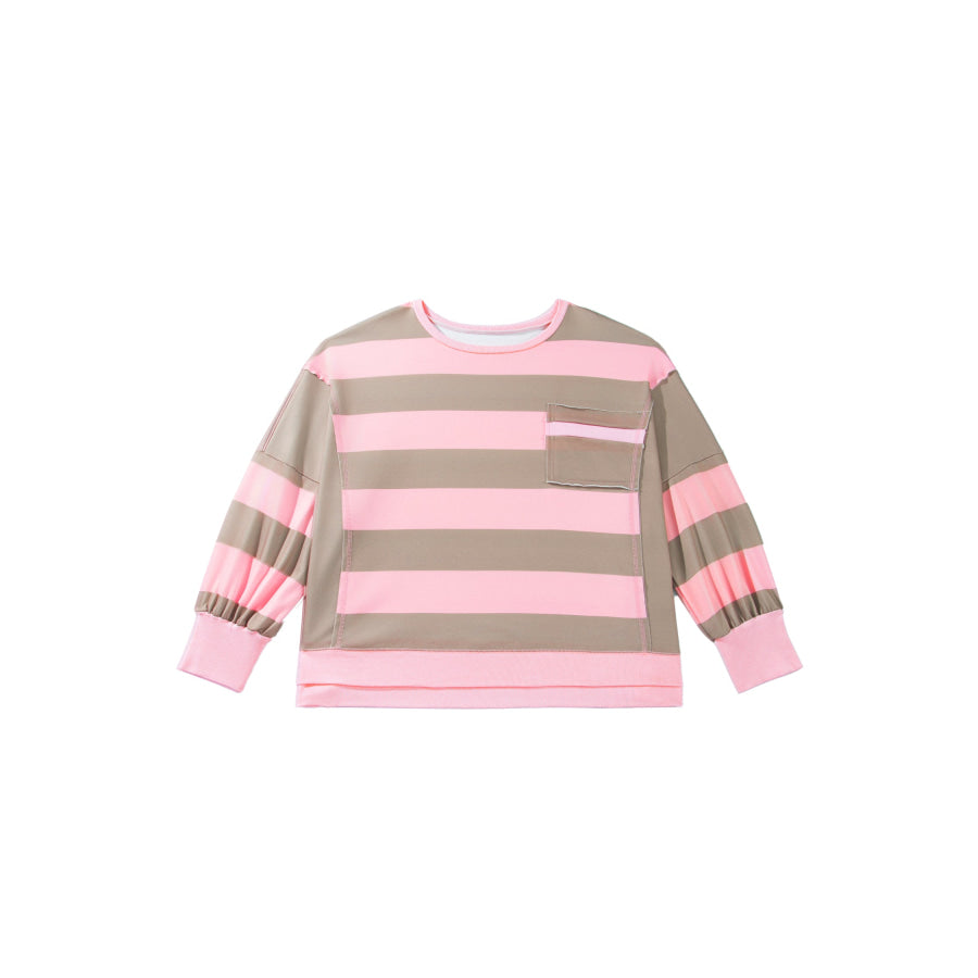Pink Stripe Raw Seam Patchwork Drop Shoulder Plus Size Sweatshirt Size/Plus Sweatshirts & Hoodies
