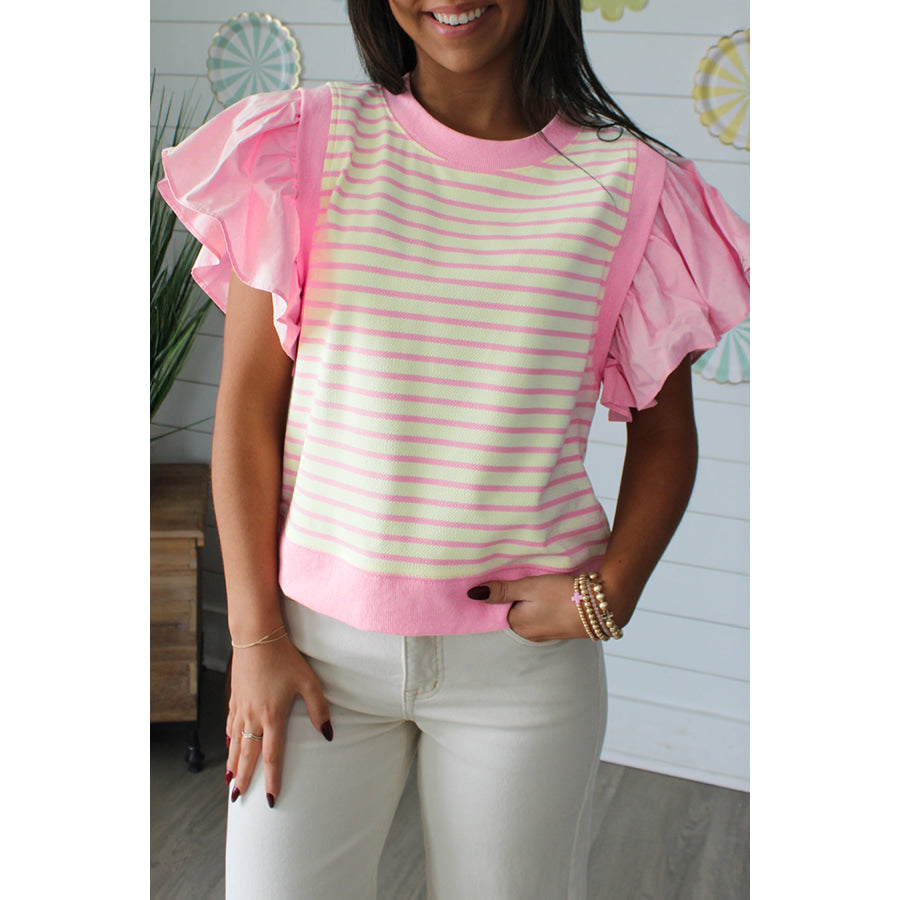 Pink Stripe Ruffled Short Sleeve Patchwork Blouse Pink Stripe / S / 50% Cotton + 47% Polyester + 3% Elastane Tops/Blouses & Shirts
