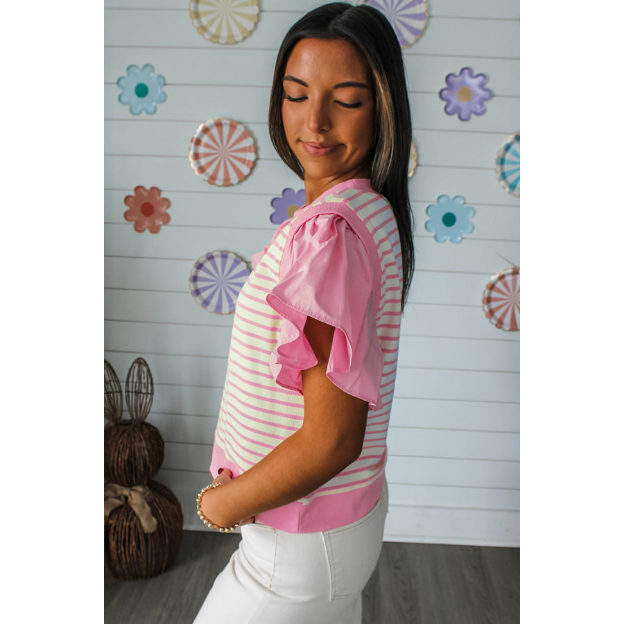 Pink Stripe Ruffled Short Sleeve Patchwork Blouse Pink Stripe / S / 50% Cotton + 47% Polyester + 3% Elastane Tops/Blouses & Shirts
