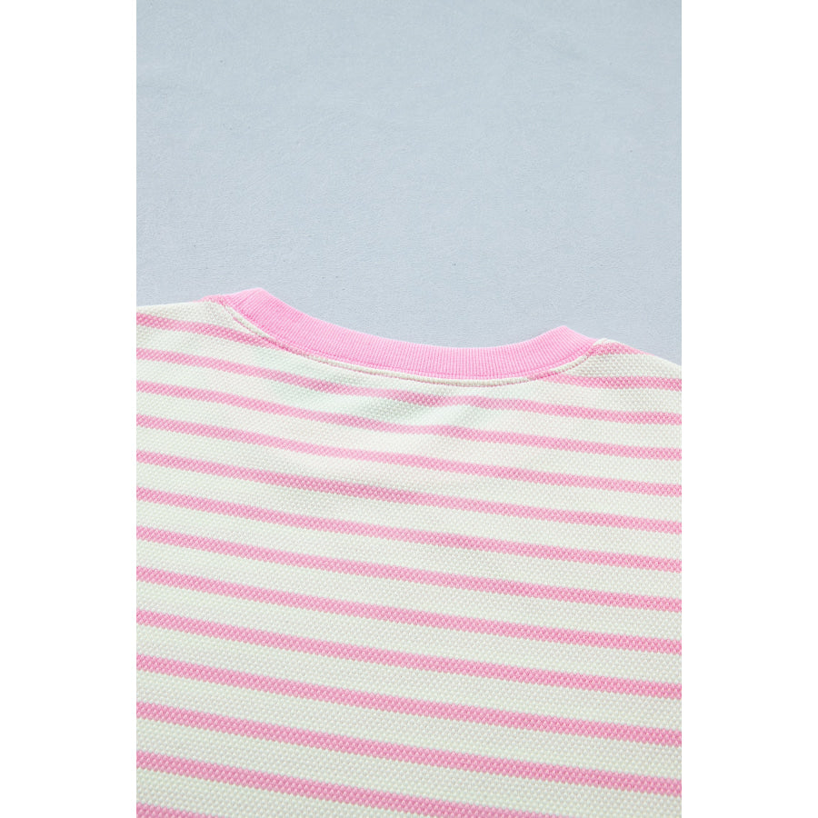 Pink Stripe Ruffled Short Sleeve Patchwork Blouse Tops/Blouses & Shirts
