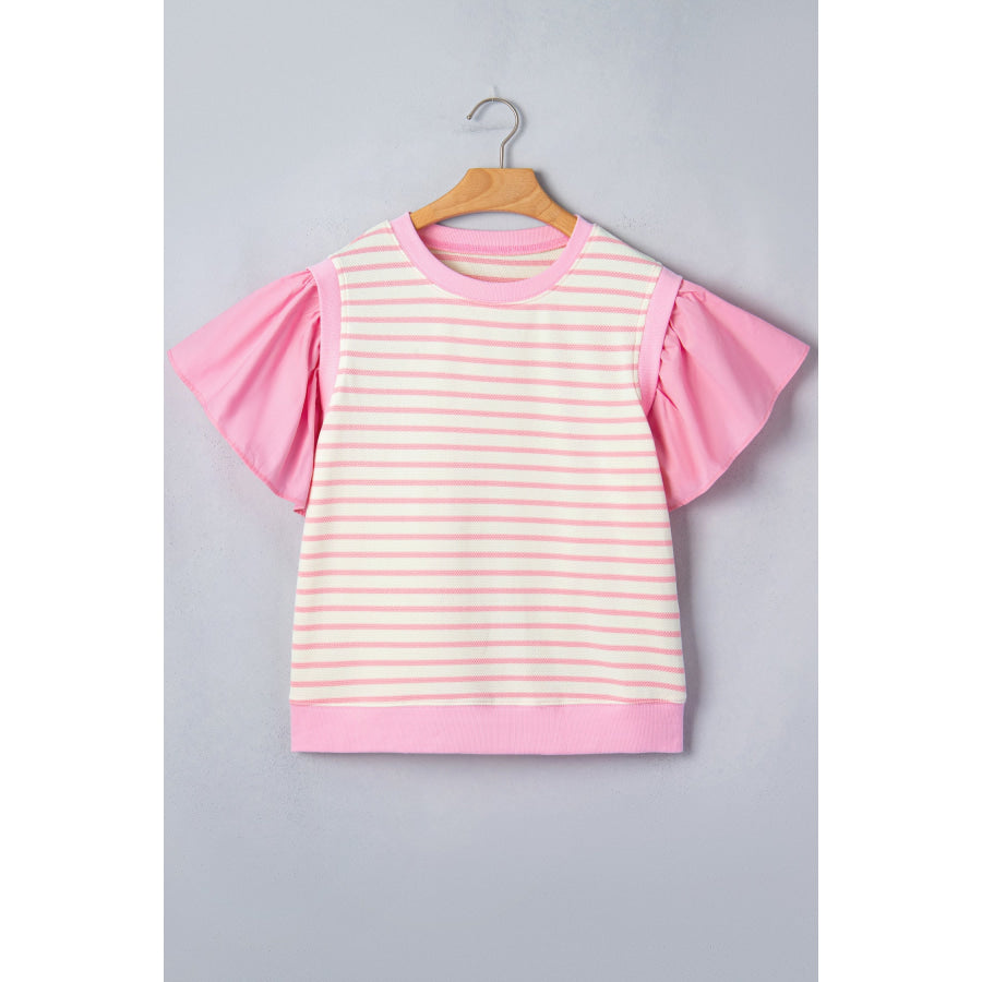 Pink Stripe Ruffled Short Sleeve Patchwork Blouse Tops/Blouses & Shirts