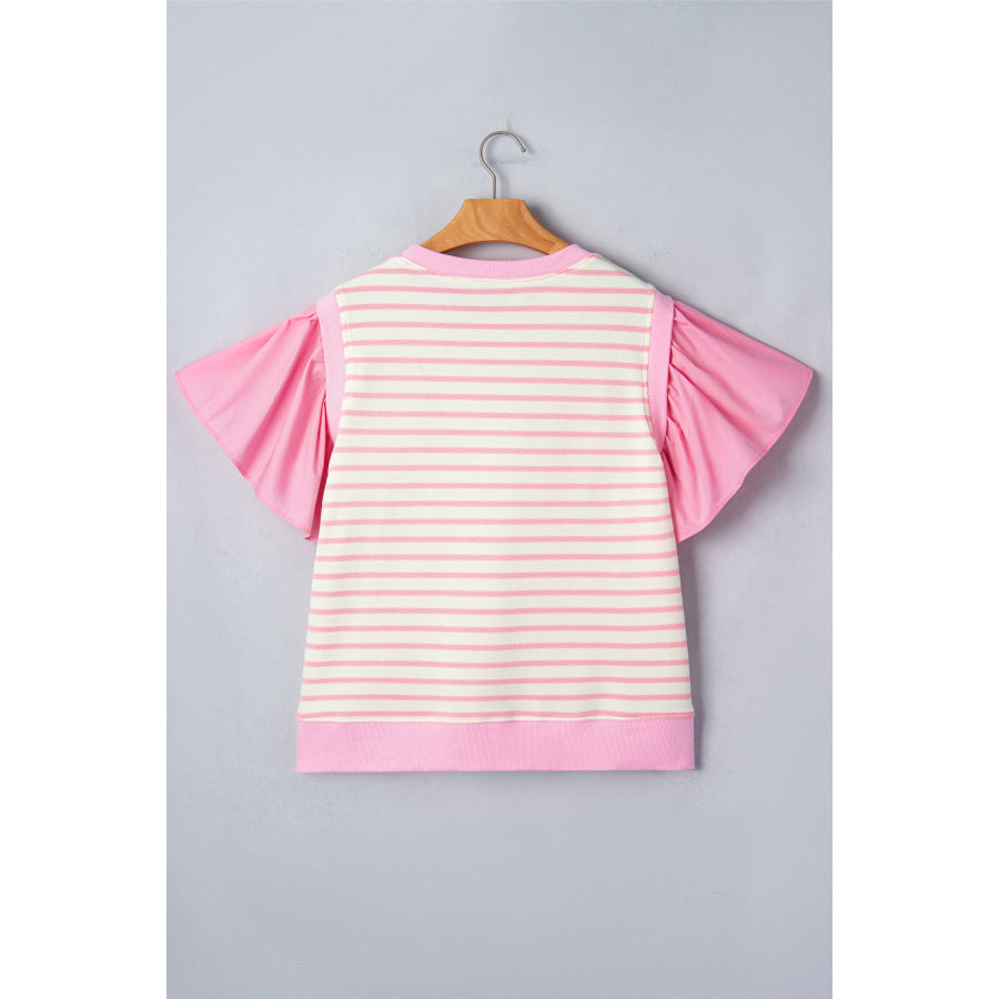 Pink Stripe Ruffled Short Sleeve Patchwork Blouse Tops/Blouses & Shirts