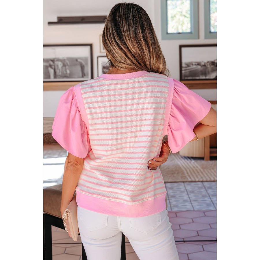 Pink Stripe Ruffled Short Sleeve Patchwork Blouse Tops/Blouses & Shirts