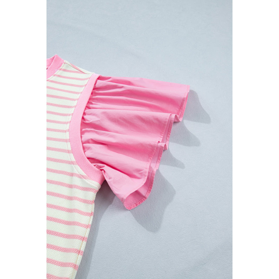 Pink Stripe Ruffled Short Sleeve Patchwork Blouse Tops/Blouses & Shirts