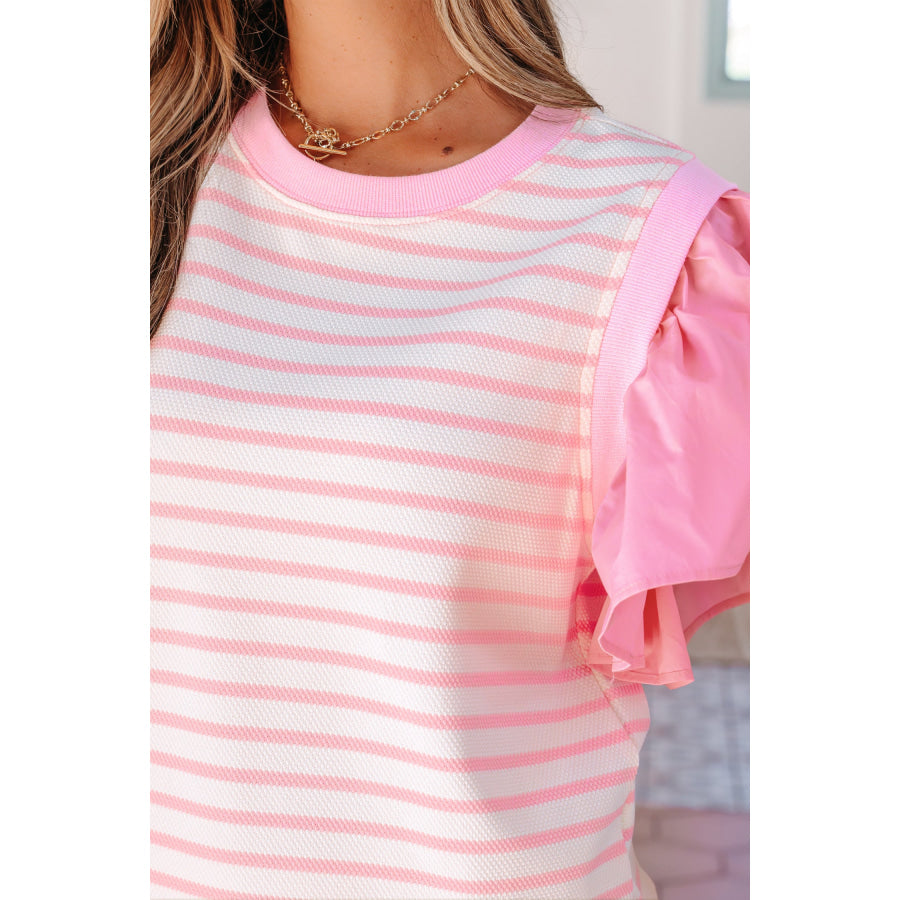 Pink Stripe Ruffled Short Sleeve Patchwork Blouse Tops/Blouses & Shirts