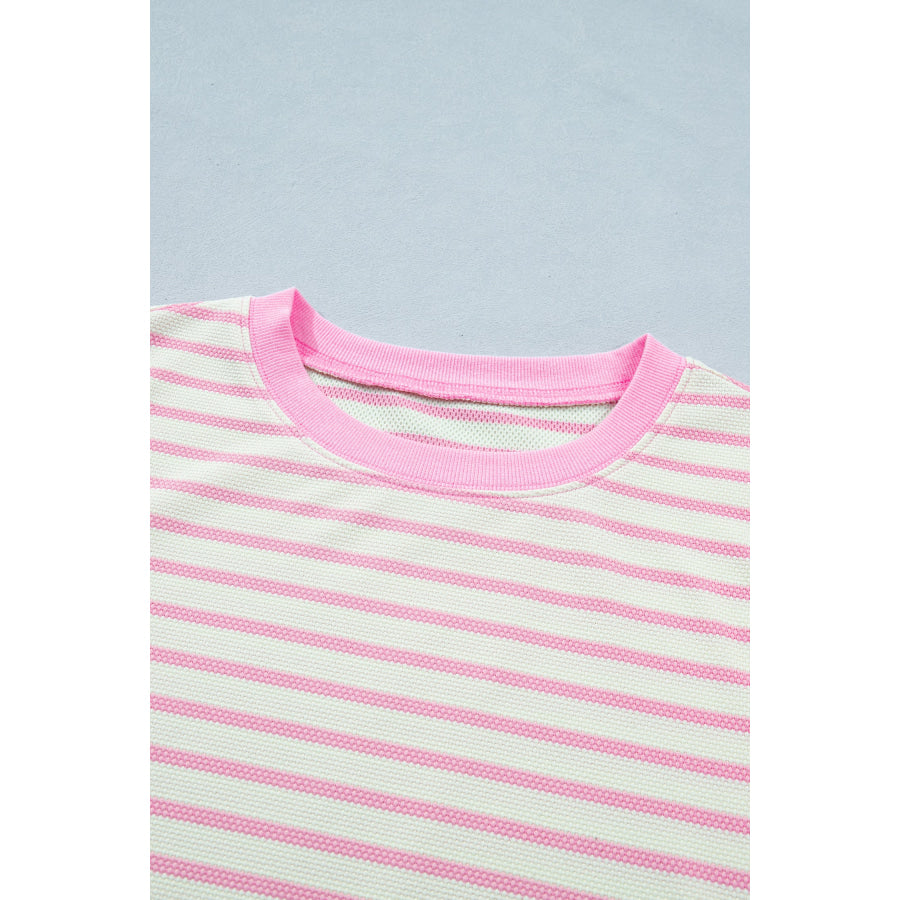 Pink Stripe Ruffled Short Sleeve Patchwork Blouse Tops/Blouses & Shirts
