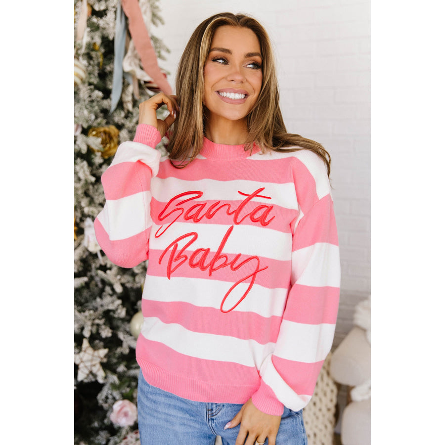 Pink Stripe Santa Baby Embroidered Christmas Slogan Drop Shoulder Pullover Sweater / S / 52% Viscose + 26% Polyester + 22% Polyamide