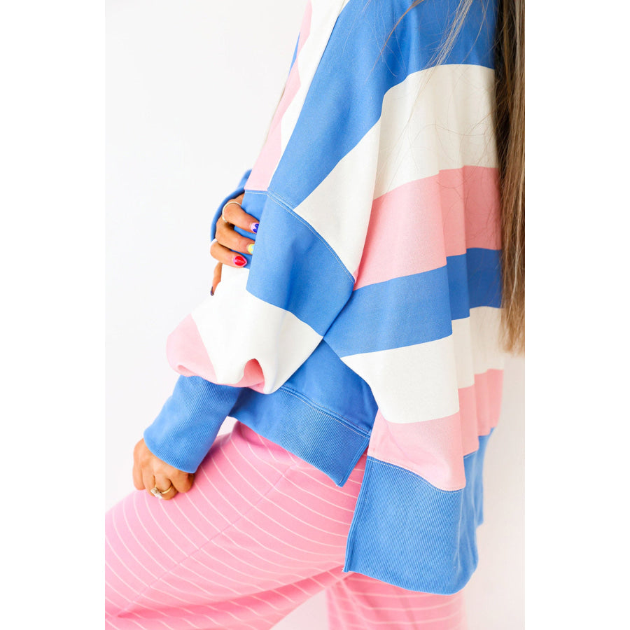 Pink Stripe Side Split Oversized Long Sleeve Top Tops/Long Tops