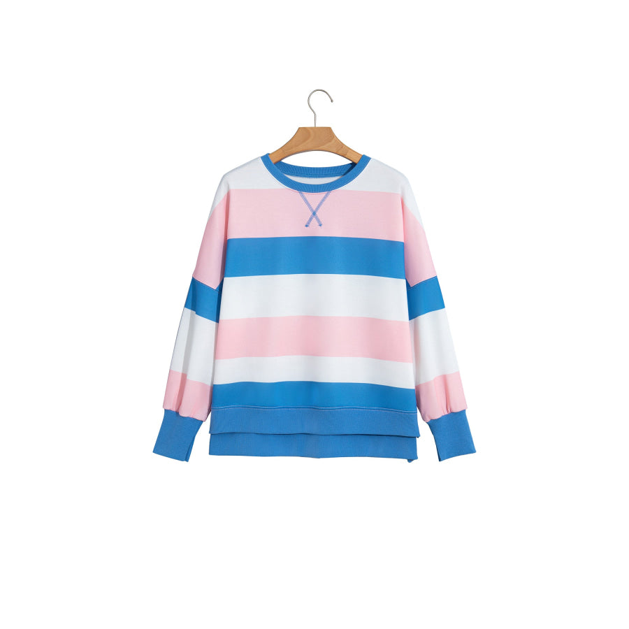 Pink Stripe Side Split Oversized Long Sleeve Top Tops/Long Tops