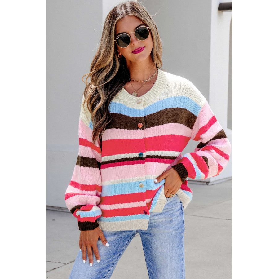 Pink Stripe Striped Colorblock Drop Shoulder Cardigan Pink Stripe / S Sweaters & Cardigans/Cardigans