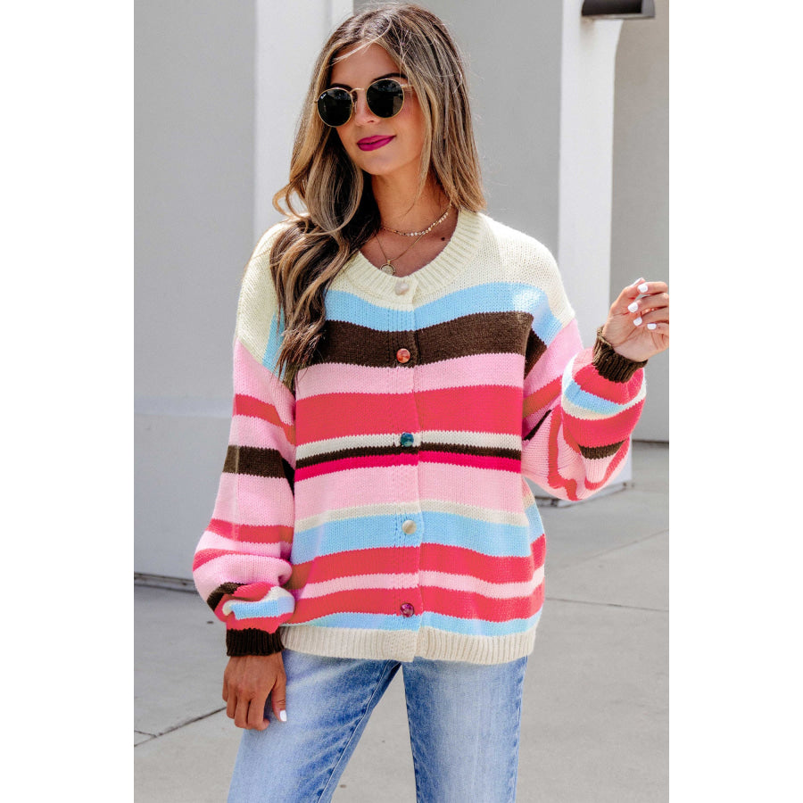 Pink Stripe Striped Colorblock Drop Shoulder Cardigan Sweaters & Cardigans/Cardigans
