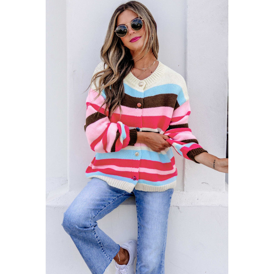 Pink Stripe Striped Colorblock Drop Shoulder Cardigan Sweaters & Cardigans/Cardigans