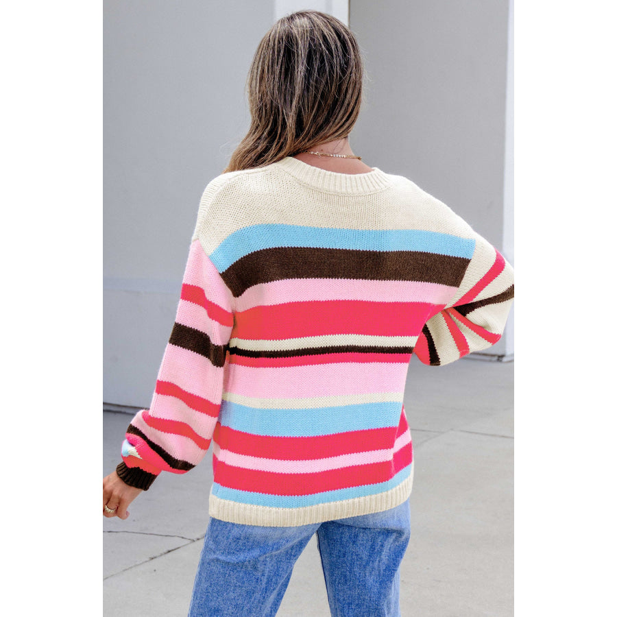Pink Stripe Striped Colorblock Drop Shoulder Cardigan Pink Stripe / S Sweaters & Cardigans/Cardigans