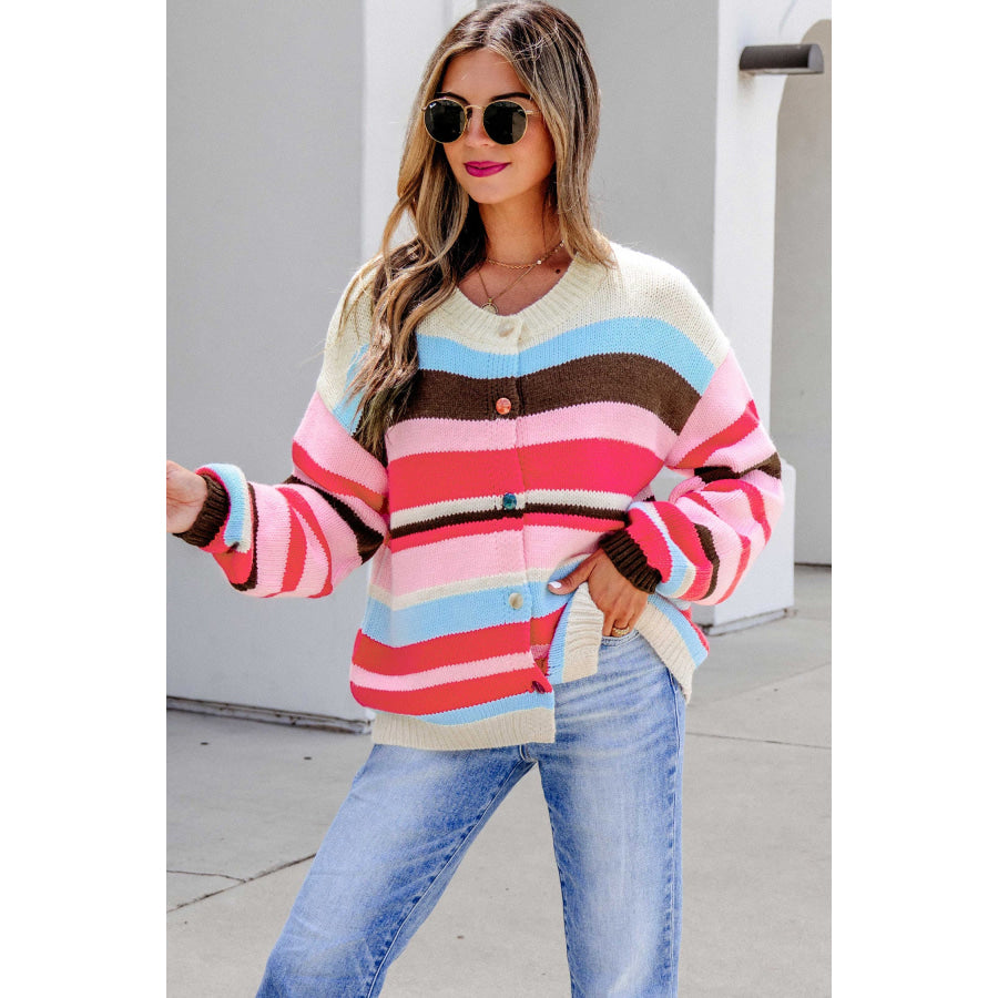 Pink Stripe Striped Colorblock Drop Shoulder Cardigan Sweaters & Cardigans/Cardigans