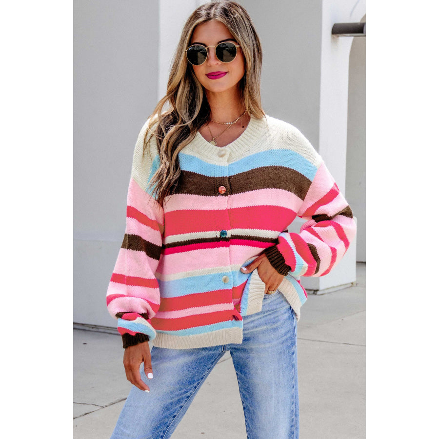 Pink Stripe Striped Colorblock Drop Shoulder Cardigan Sweaters & Cardigans/Cardigans
