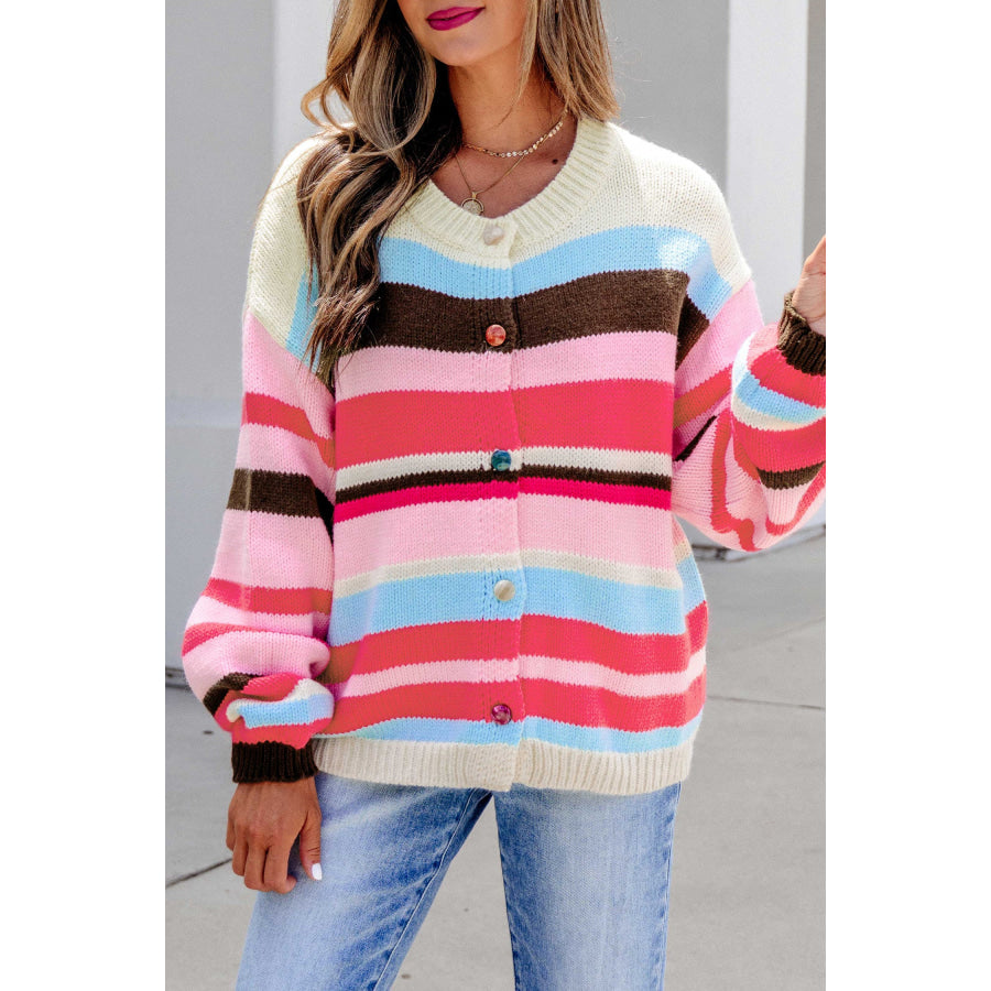 Pink Stripe Striped Colorblock Drop Shoulder Cardigan Sweaters & Cardigans/Cardigans