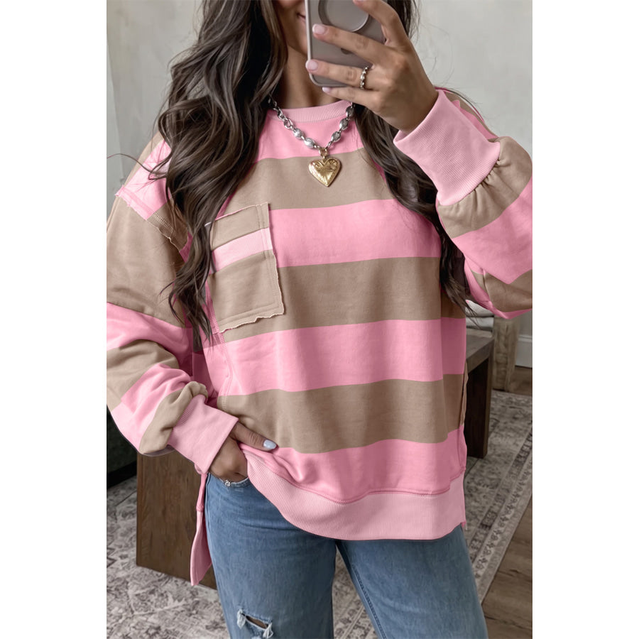 Pink Stripe Striped Colorblock Patch Pocket Split Hem Oversized Long Sleeve Sweatshirt Tops/Sweatshirts & Hoodies