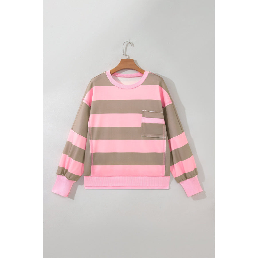 Pink Stripe Striped Colorblock Patch Pocket Split Hem Oversized Long Sleeve Sweatshirt Tops/Sweatshirts & Hoodies
