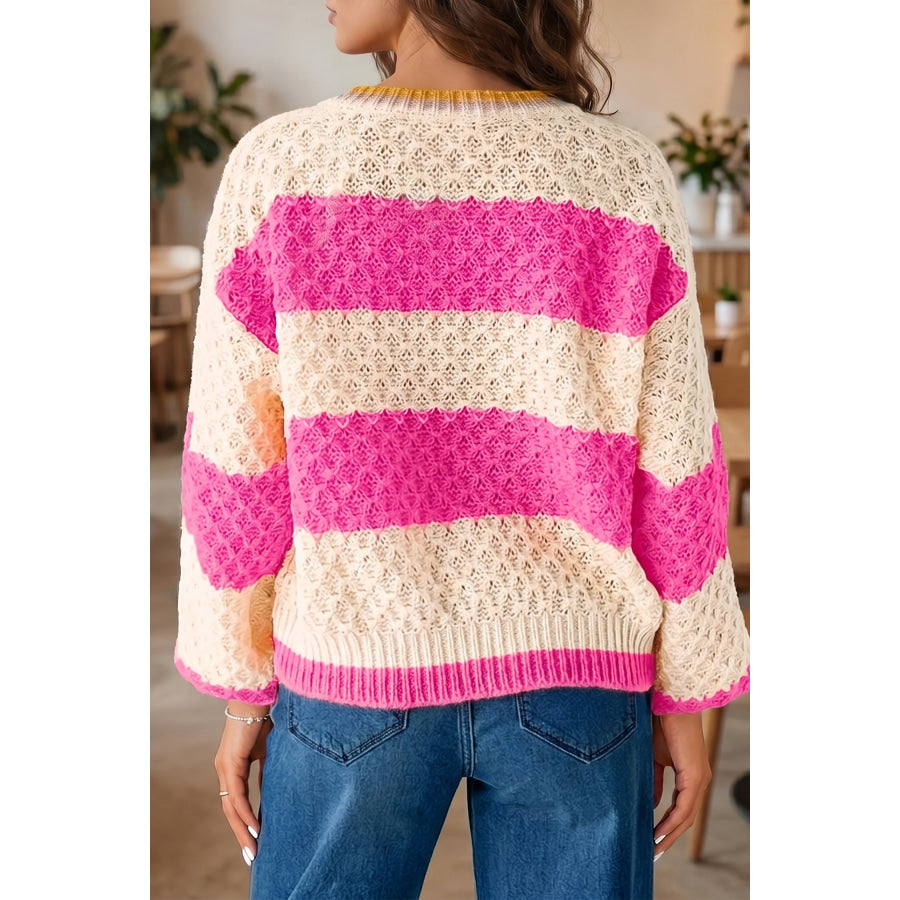 Pink Stripe Striped Colorblock Texture Drop Shoulder Sweater Sweaters & Cardigans/Sweaters