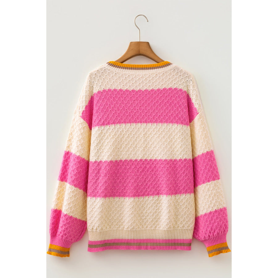 Pink Stripe Striped Colorblock Texture Drop Shoulder Sweater Sweaters & Cardigans/Sweaters