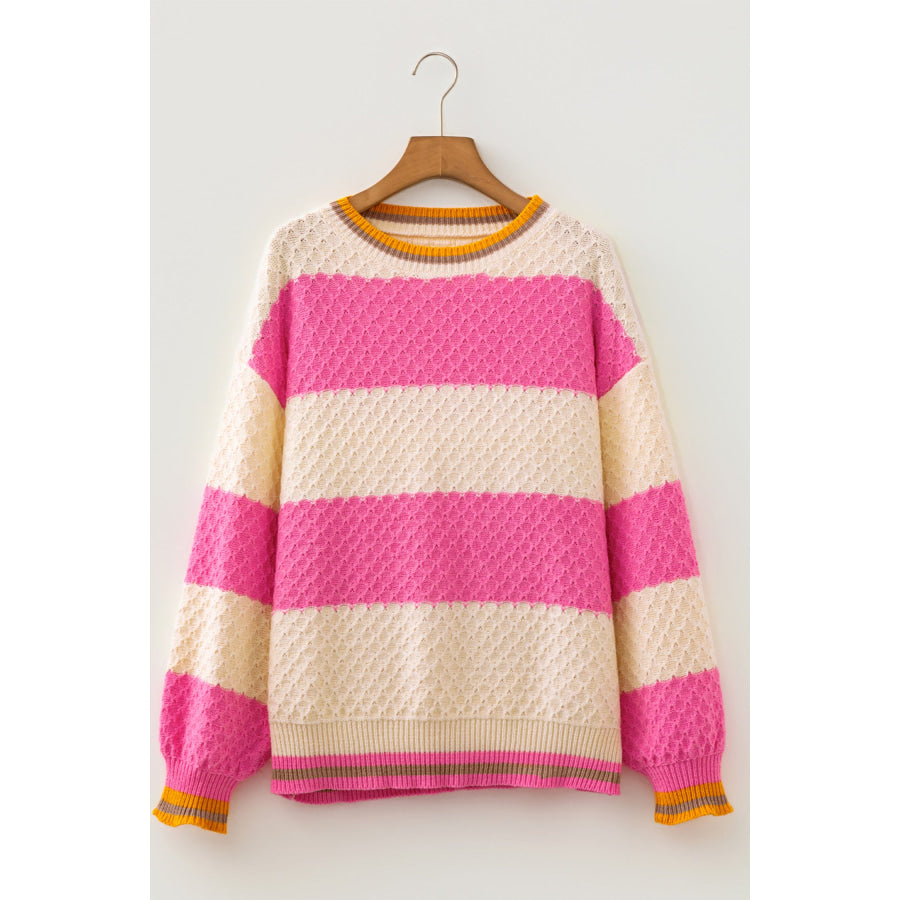 Pink Stripe Striped Colorblock Texture Drop Shoulder Sweater Sweaters & Cardigans/Sweaters