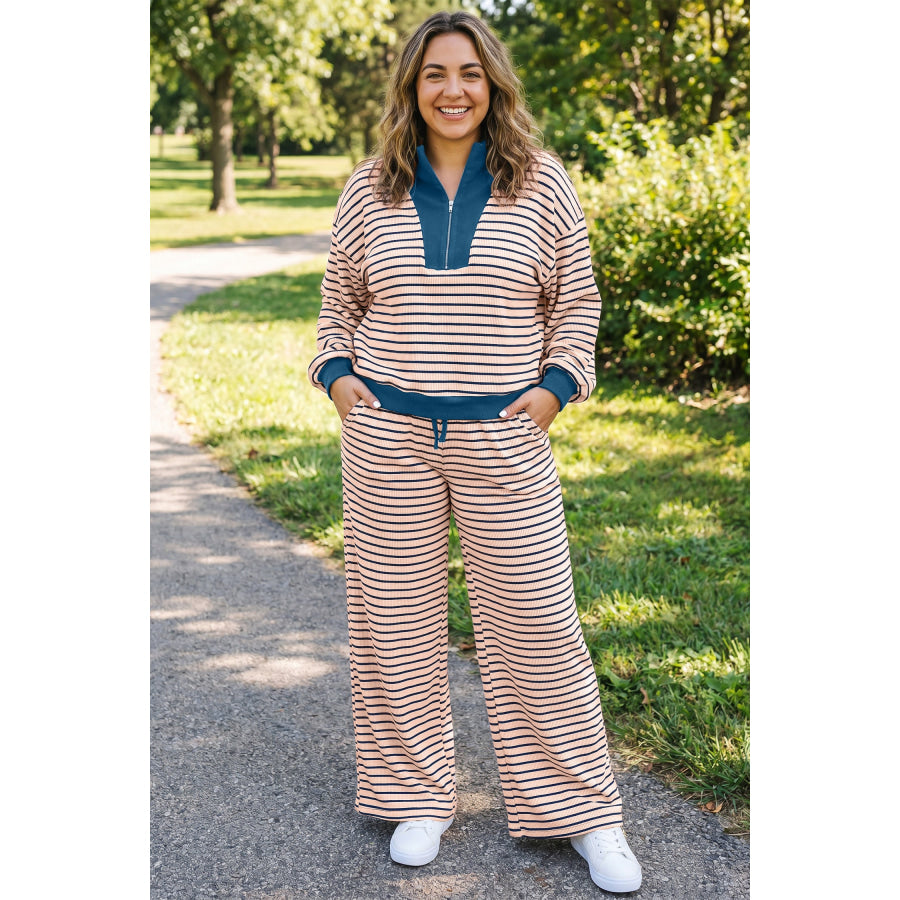Pink Stripe Striped Colorblock V Neck Long Sleeve Plus Size Set / 1X Size/Plus Loungewear