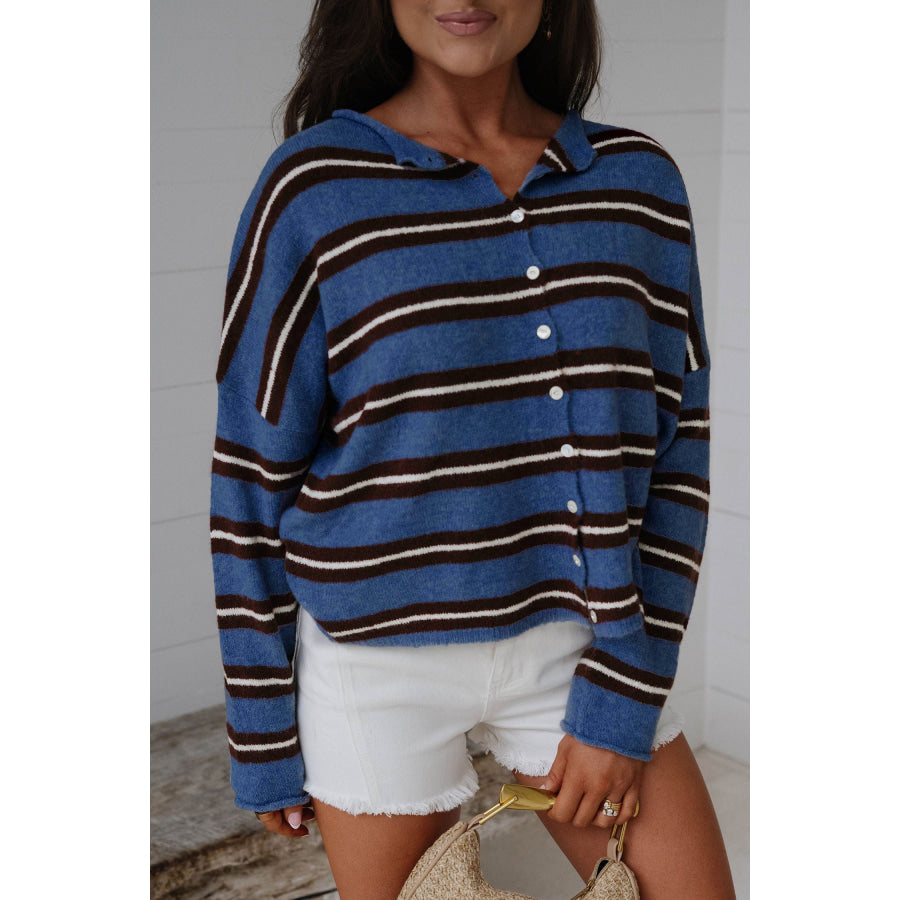 Pink Stripe Striped Drop Shoulder Button Cardigan Blue Stripe / S / 100% Acrylic Sweaters & Cardigans/Cardigans