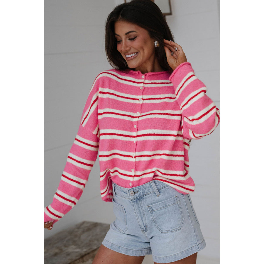 Pink Stripe Striped Drop Shoulder Button Cardigan Sweaters & Cardigans/Cardigans