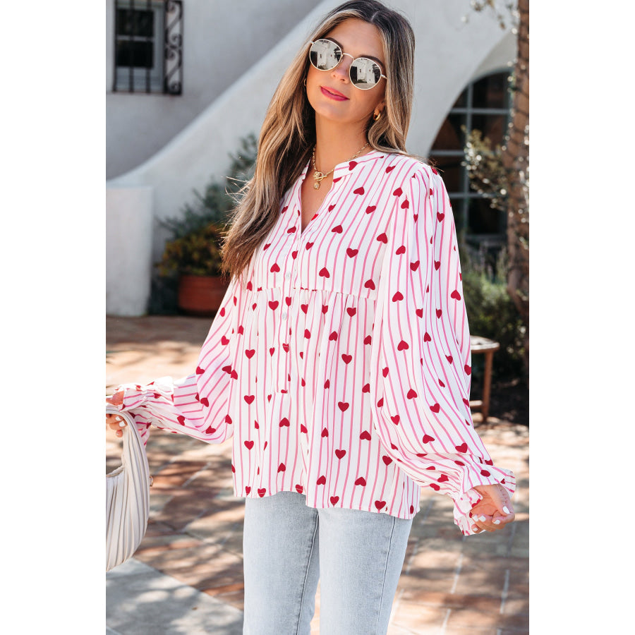 Pink Stripe Textured Heart Print Long Flounce Sleeve Shirt Tops/Blouses & Shirts