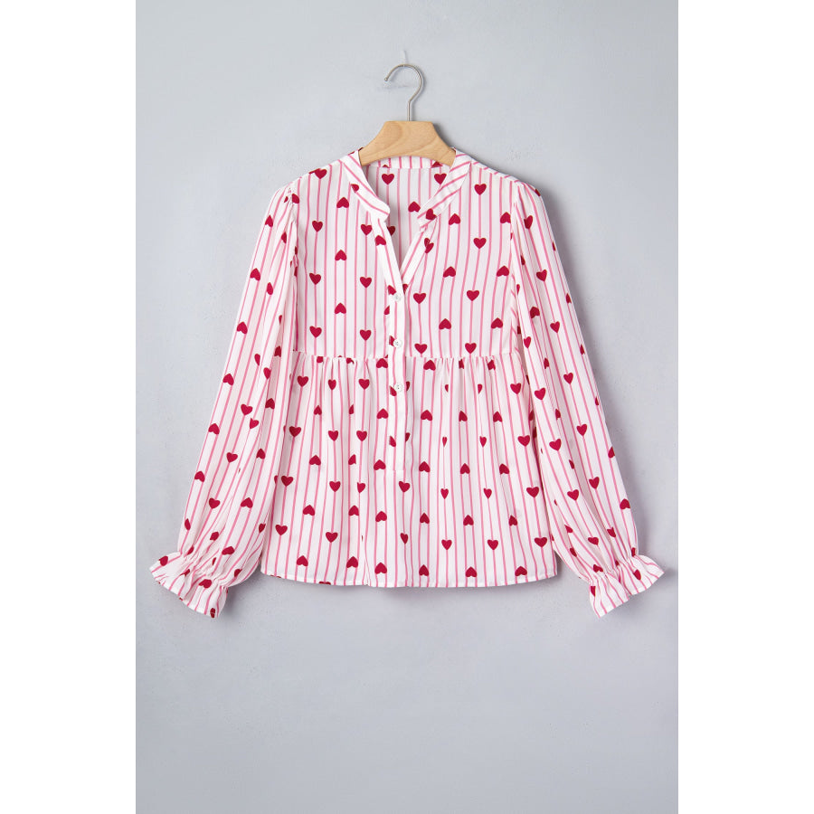 Pink Stripe Textured Heart Print Long Flounce Sleeve Shirt Tops/Blouses & Shirts