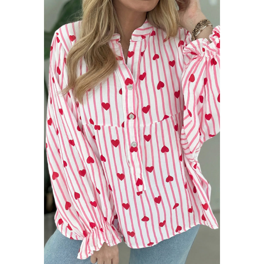 Pink Stripe Textured Heart Print Long Flounce Sleeve Shirt Pink Stripe / S / 100% Polyester Tops/Blouses & Shirts