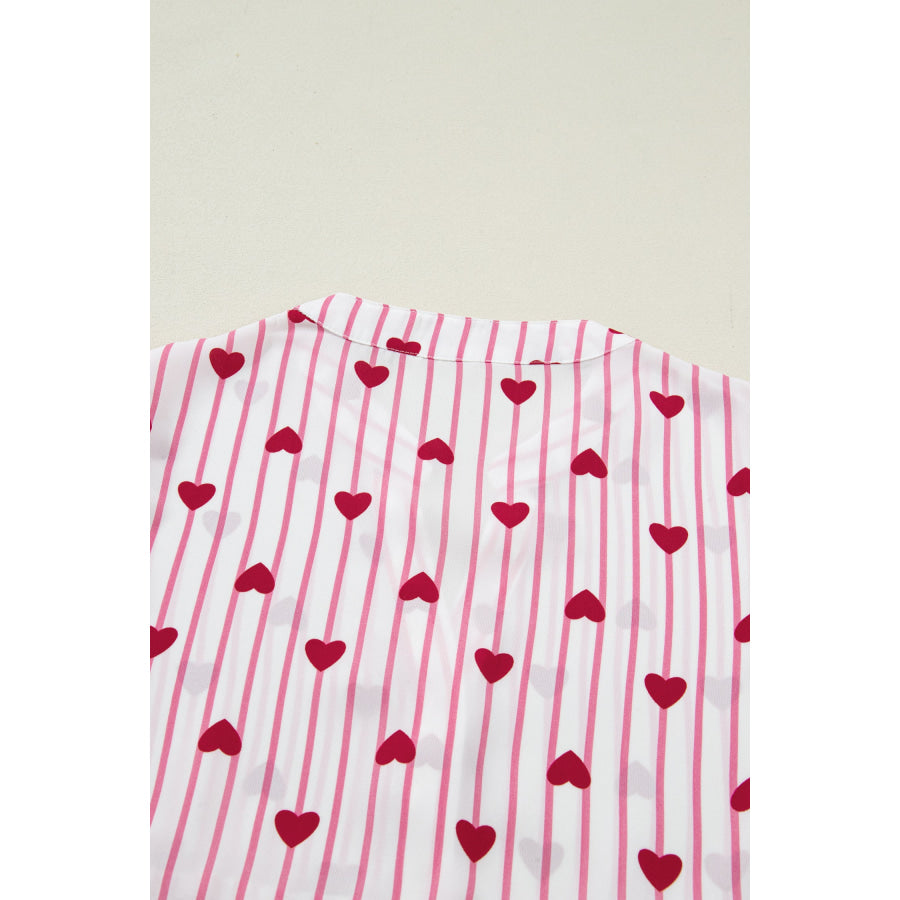 Pink Stripe Textured Heart Print Long Flounce Sleeve Shirt Tops/Blouses & Shirts