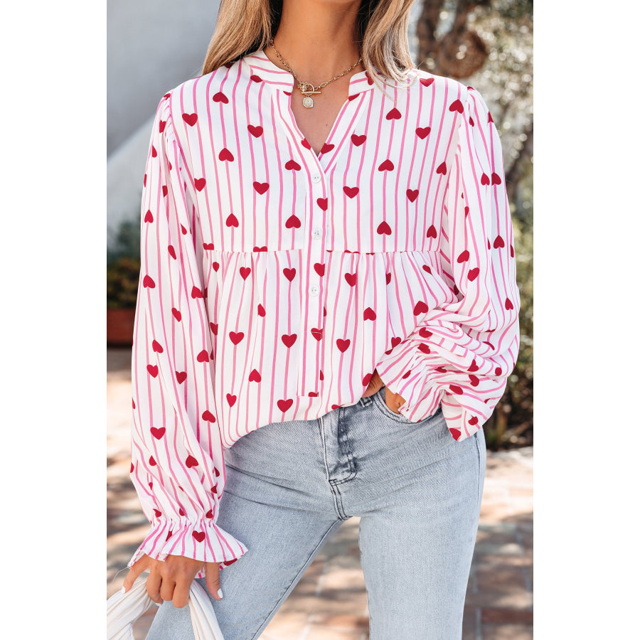 Pink Stripe Textured Heart Print Long Flounce Sleeve Shirt Tops/Blouses & Shirts