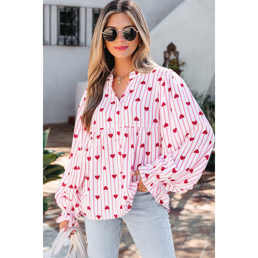 Pink Stripe Textured Heart Print Long Flounce Sleeve Shirt Tops/Blouses & Shirts