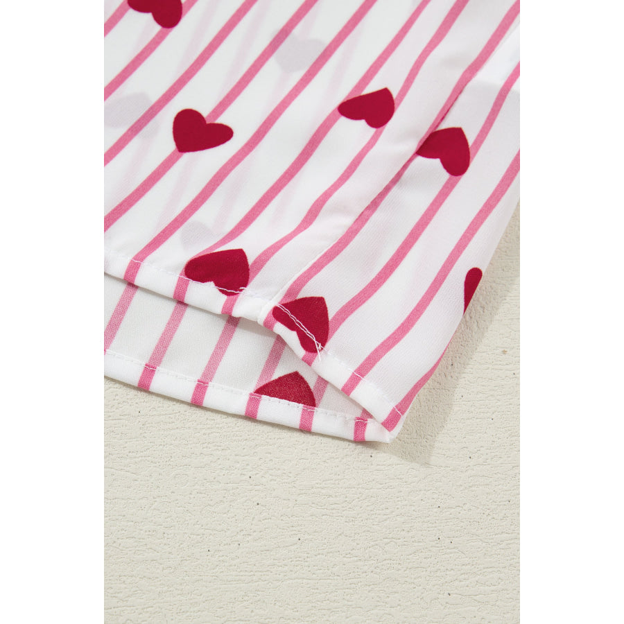 Pink Stripe Textured Heart Print Long Flounce Sleeve Shirt Tops/Blouses & Shirts